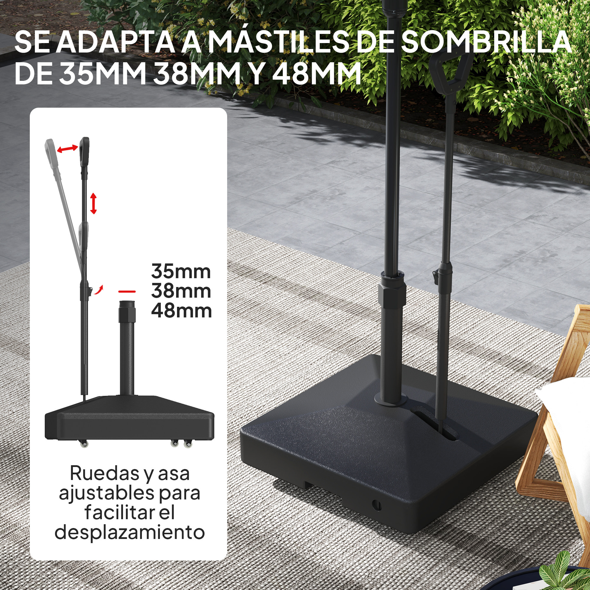 Base para Sombrilla Cuadrada Soporte para Parasol con Ruedas Pie para Sombrilla con Asa Ajustable Rellenable con Agua 45L o Arena 55kg para Jardín Terraza Negro