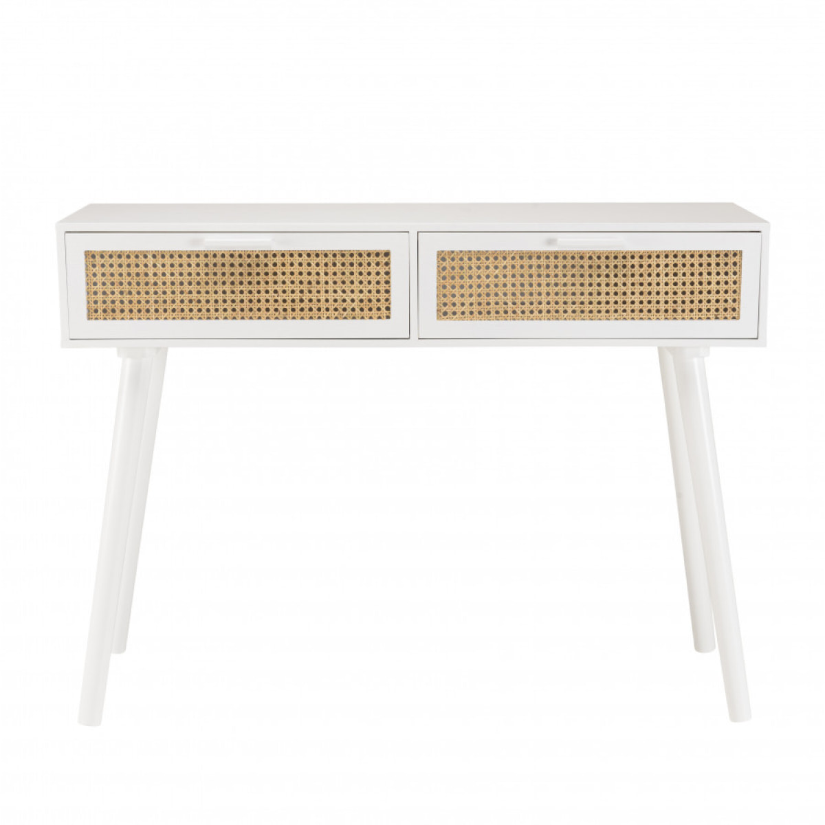 SANDRO - Console blanche 2 tiroirs cannage naturel