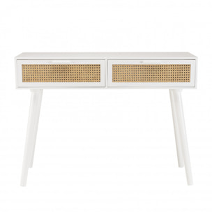 SANDRO - Console blanche 2 tiroirs cannage naturel