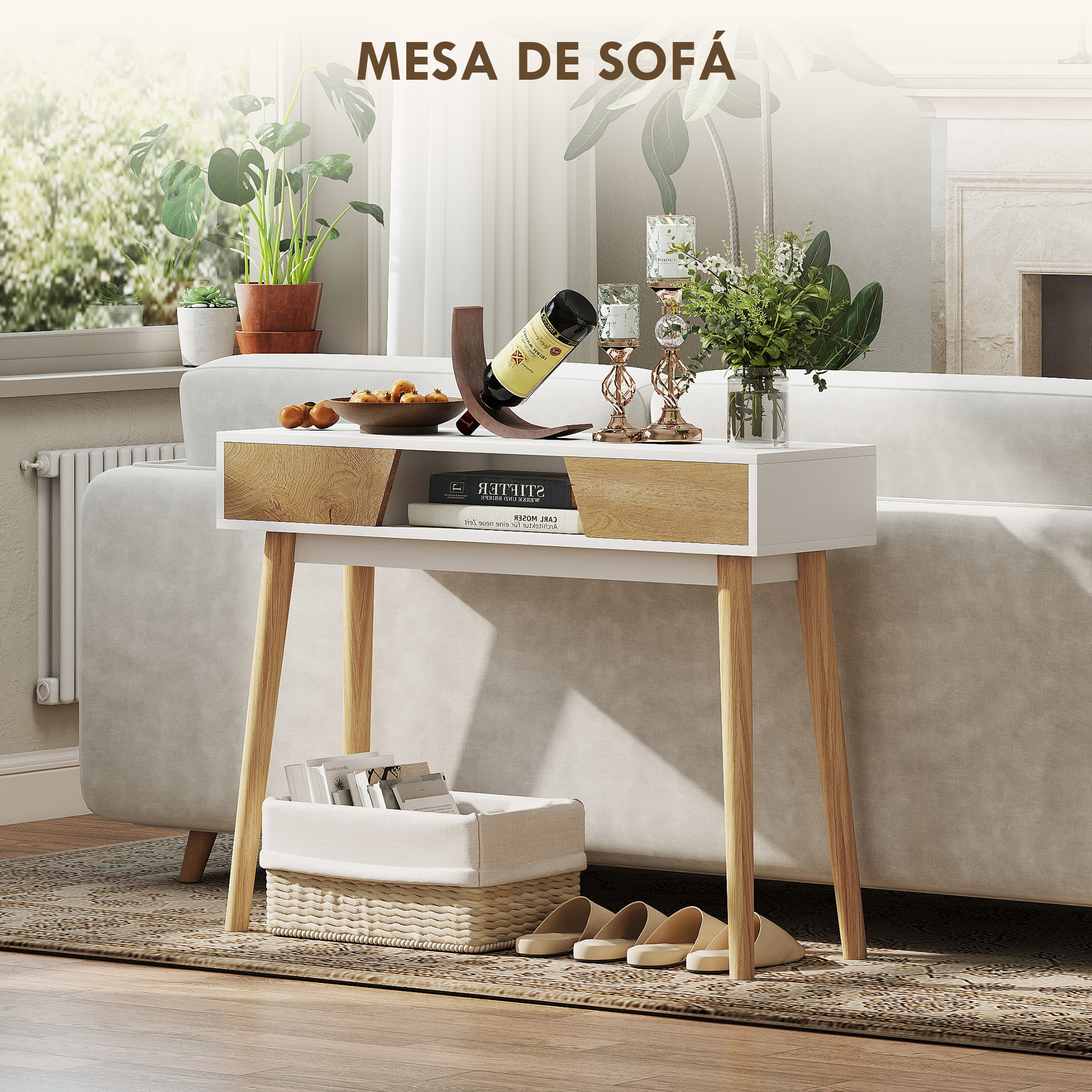 Mesa de Consola Estrecha Consola de Recibidor Mesa de Sofá Moderna con 2 Cajones Compartimento y Patas de Madera para Pasillo Entrada Salón Dormitorio Blanco