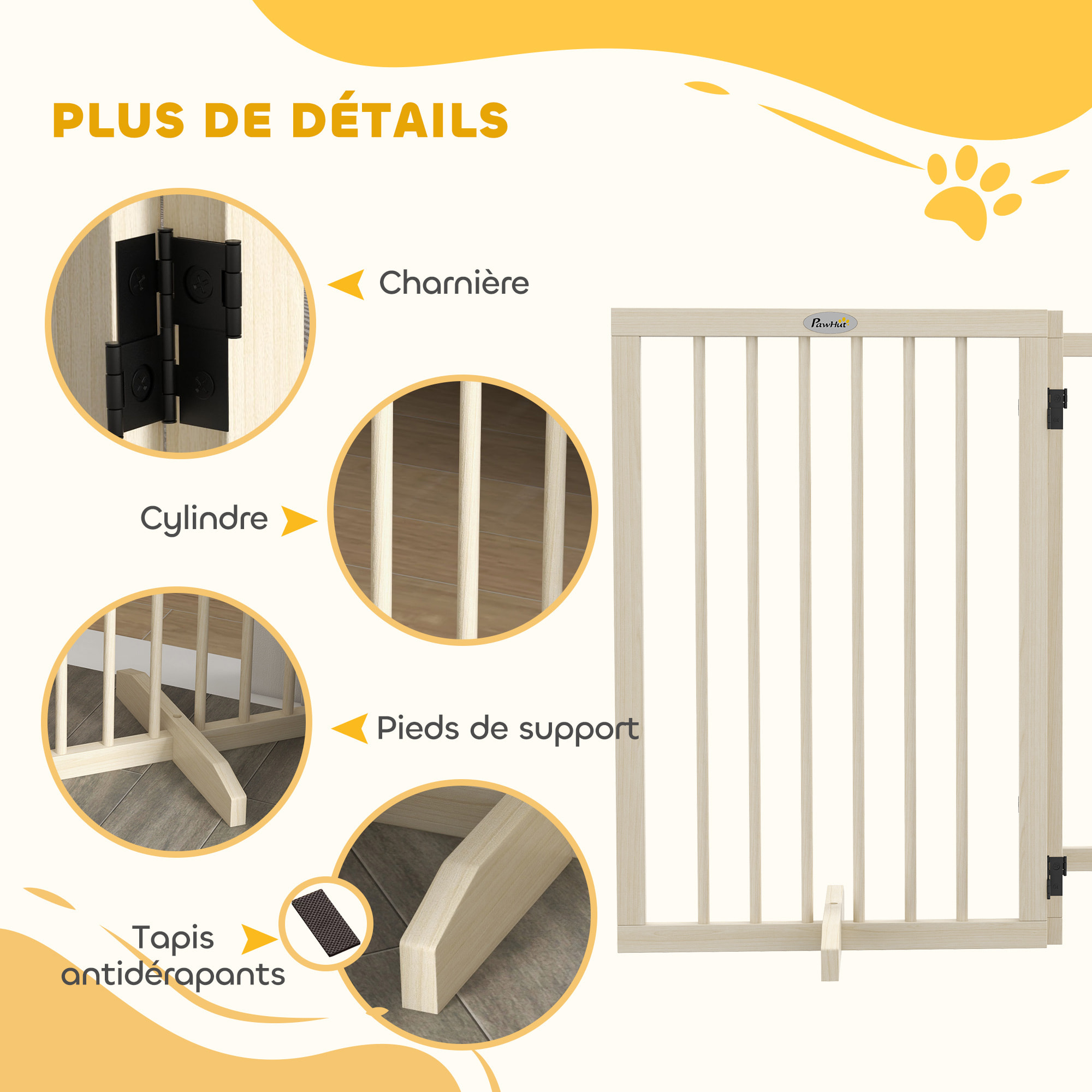 Barrière de sécurité chien 4 panneaux modulable autoportante dim. max. 206L x 35l x 76H cm bois clair