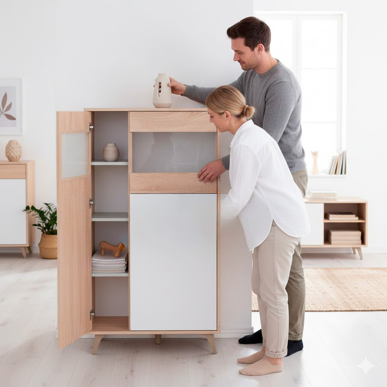 Credenza Con Vetrina Moderna Mobile contenitore Con Ripiani Interni In Truciolare Melaminico Ideale Per Soggiorno 77 x 33 x 142 Cm Bianco E Rovere