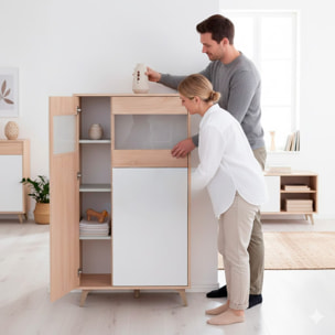 Credenza Con Vetrina Moderna Mobile contenitore Con Ripiani Interni In Truciolare Melaminico Ideale Per Soggiorno 77 x 33 x 142 Cm Bianco E Rovere