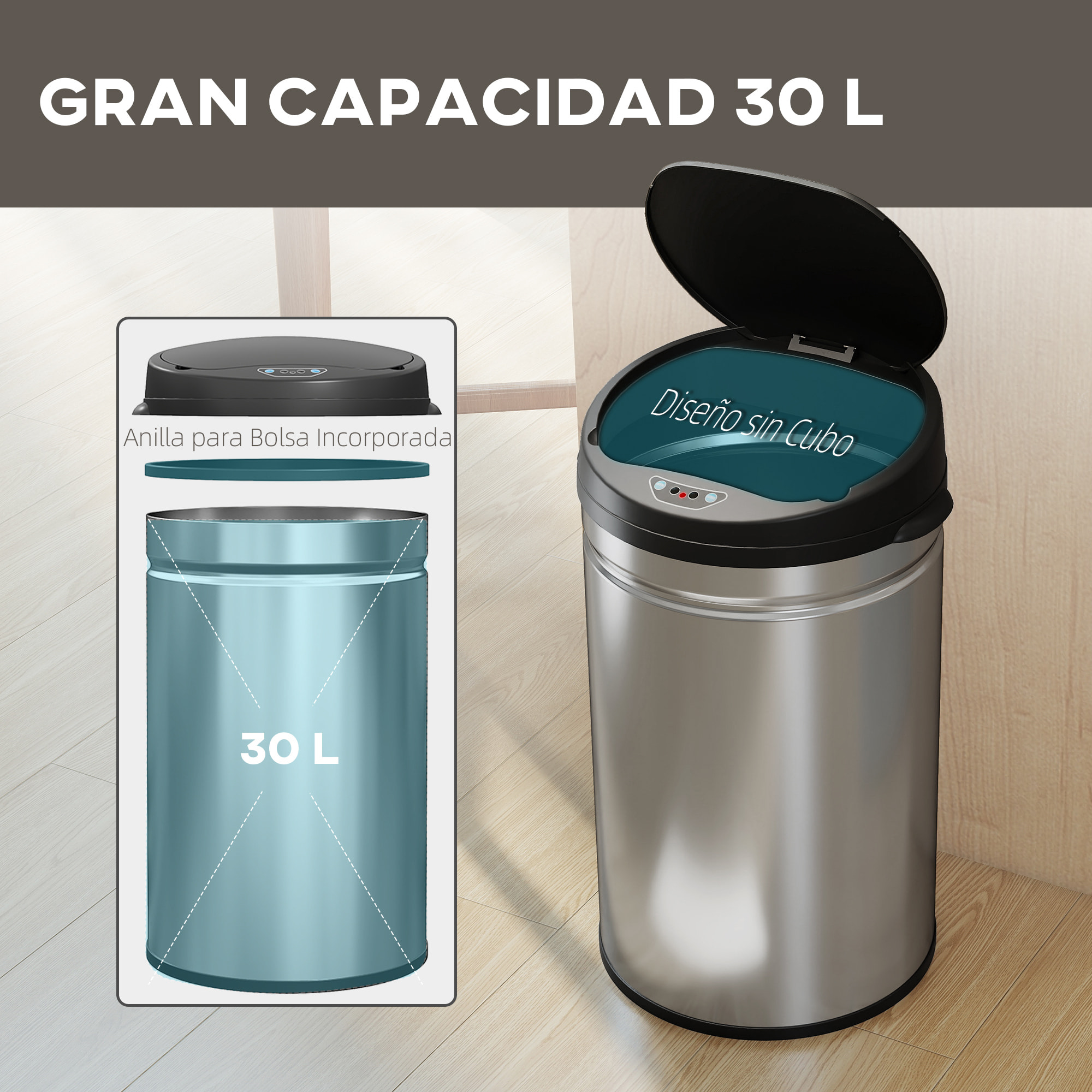 Cubo de Basura Cocina Automático 30 L, Papelera de Cocina de Acero Inoxidable, Sensor Infrarrojo, Cierre Automático, Antihuellas, para Dormitorio, Oficina, Plata