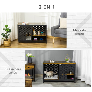 Casa para Gatos de Madera con Mesita Estantes Cojín Lavable y Puerta Corredera