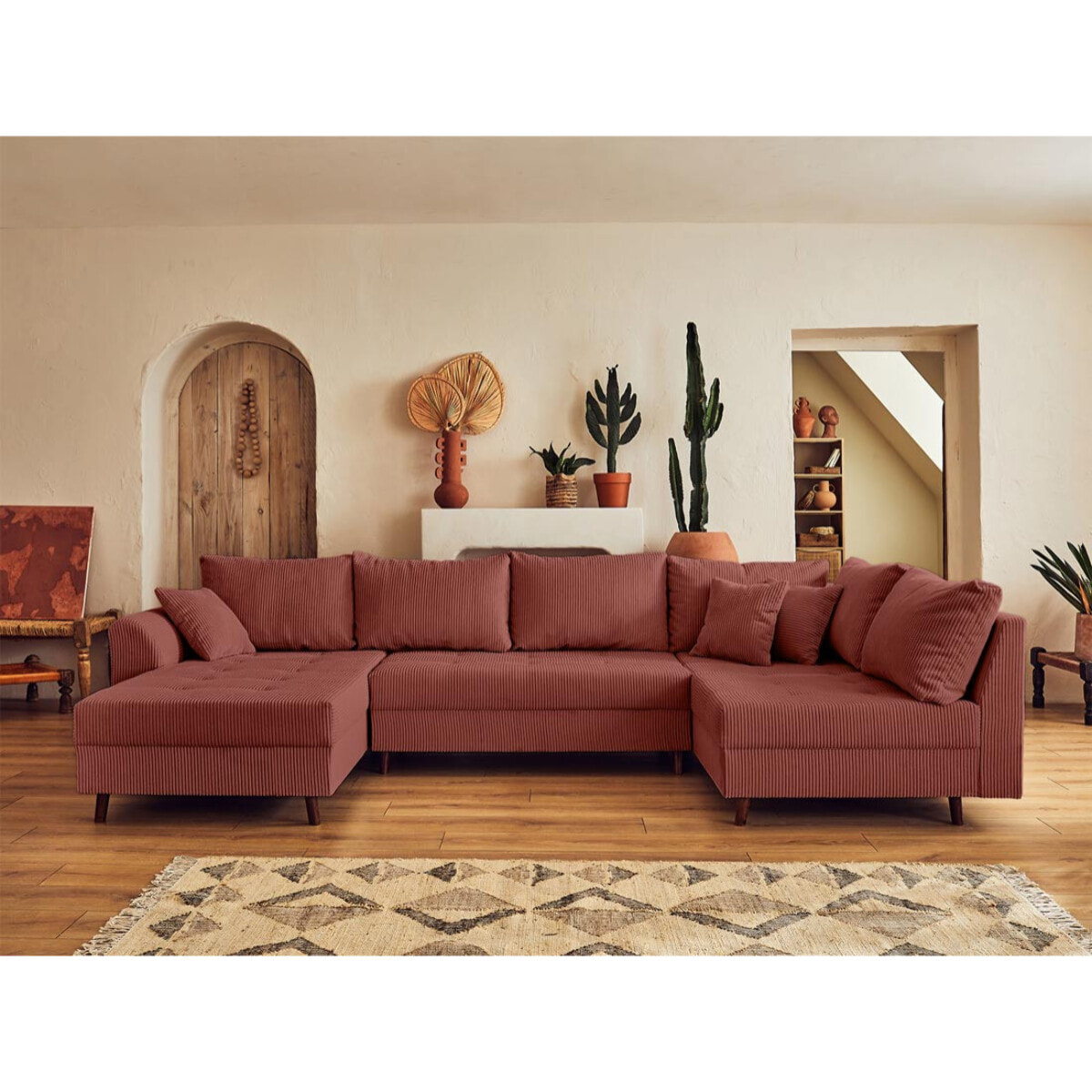 Rune - canapé panoramique d'angle droit - 7 places - avec pouf d'appoint - en velours côtelé - Terracotta