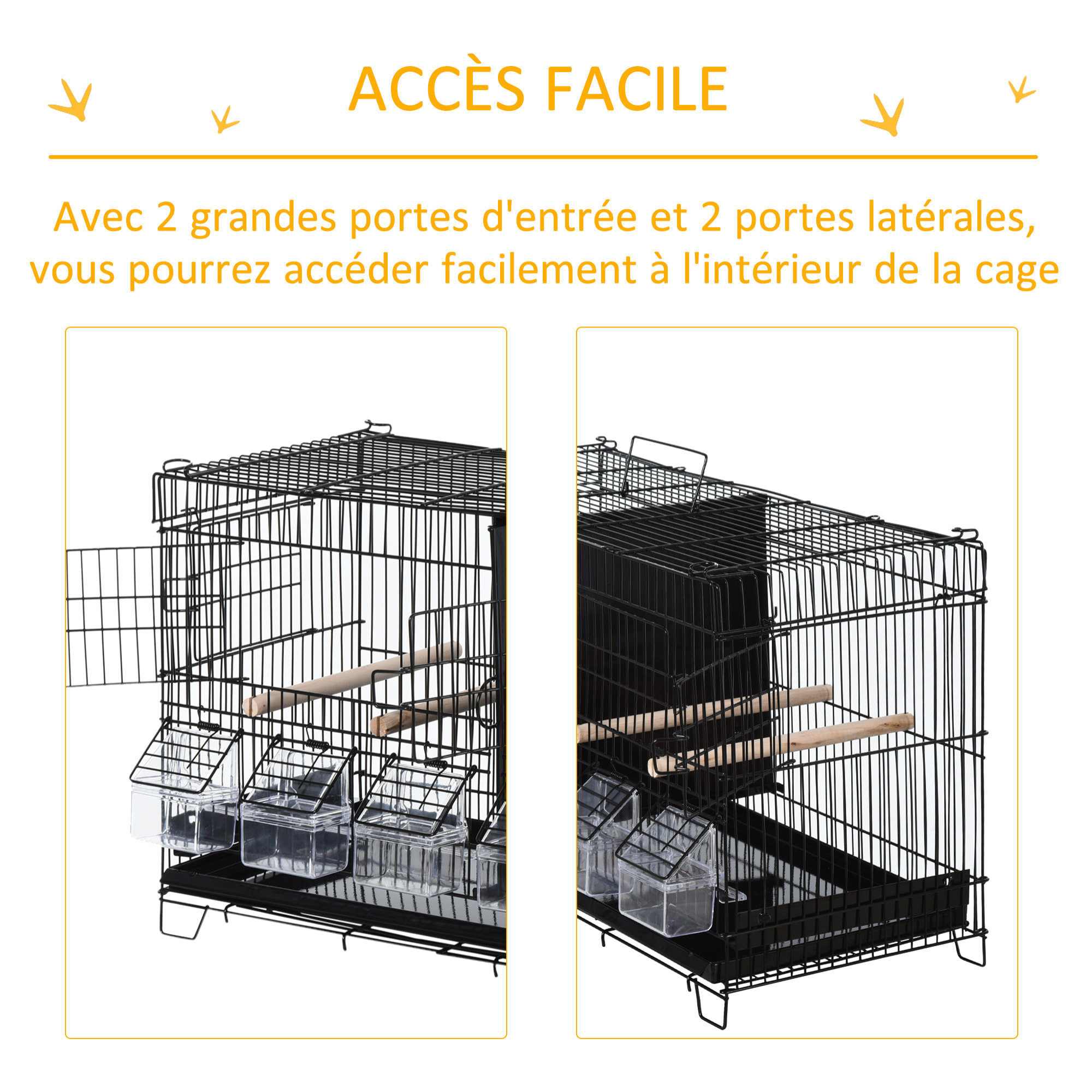 Cage à oiseaux mangeoires perchoirs 4 portes plateau excrément poignée métal PP noir