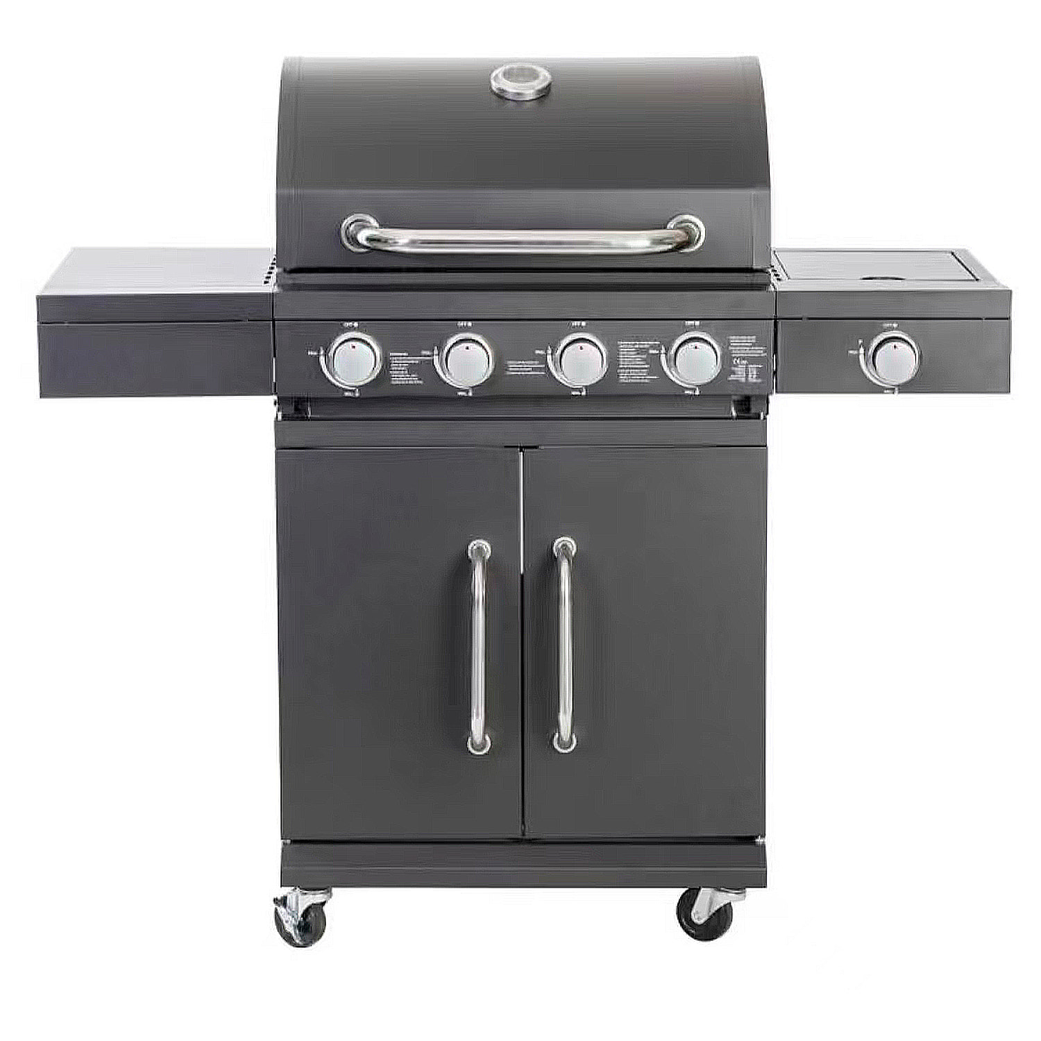 Barbacoa de gas con 4+1 quemadores y termómetro integrado.