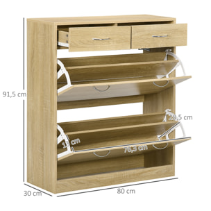 Armoire meuble à chaussures multi-rangement 2 abattants double niveau 2 tiroirs aspect chêne clair