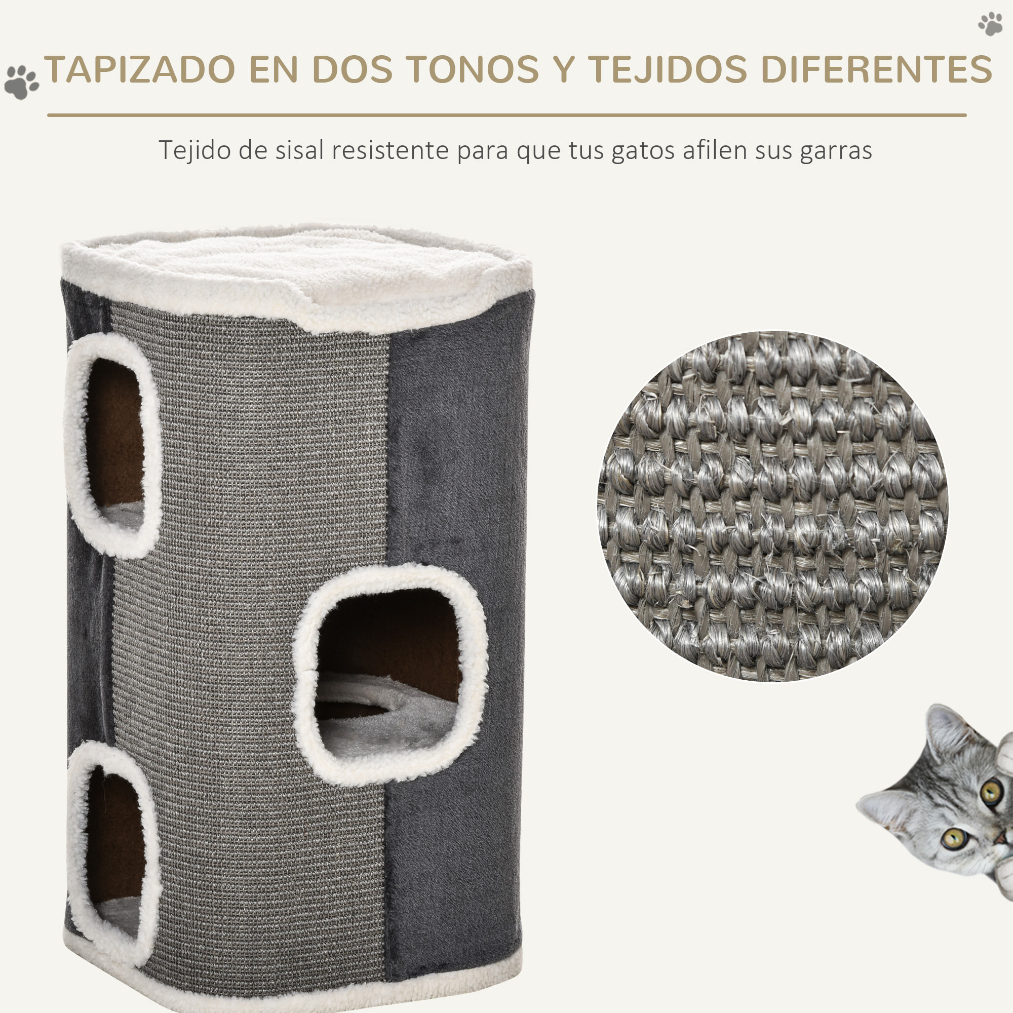 Barril Rascador para Gatos 74 cm de Altura Tonel de Escalada con 3 Cuevas de Sisal y Felpa Plataforma de Lana 40x40x74 cm Gris