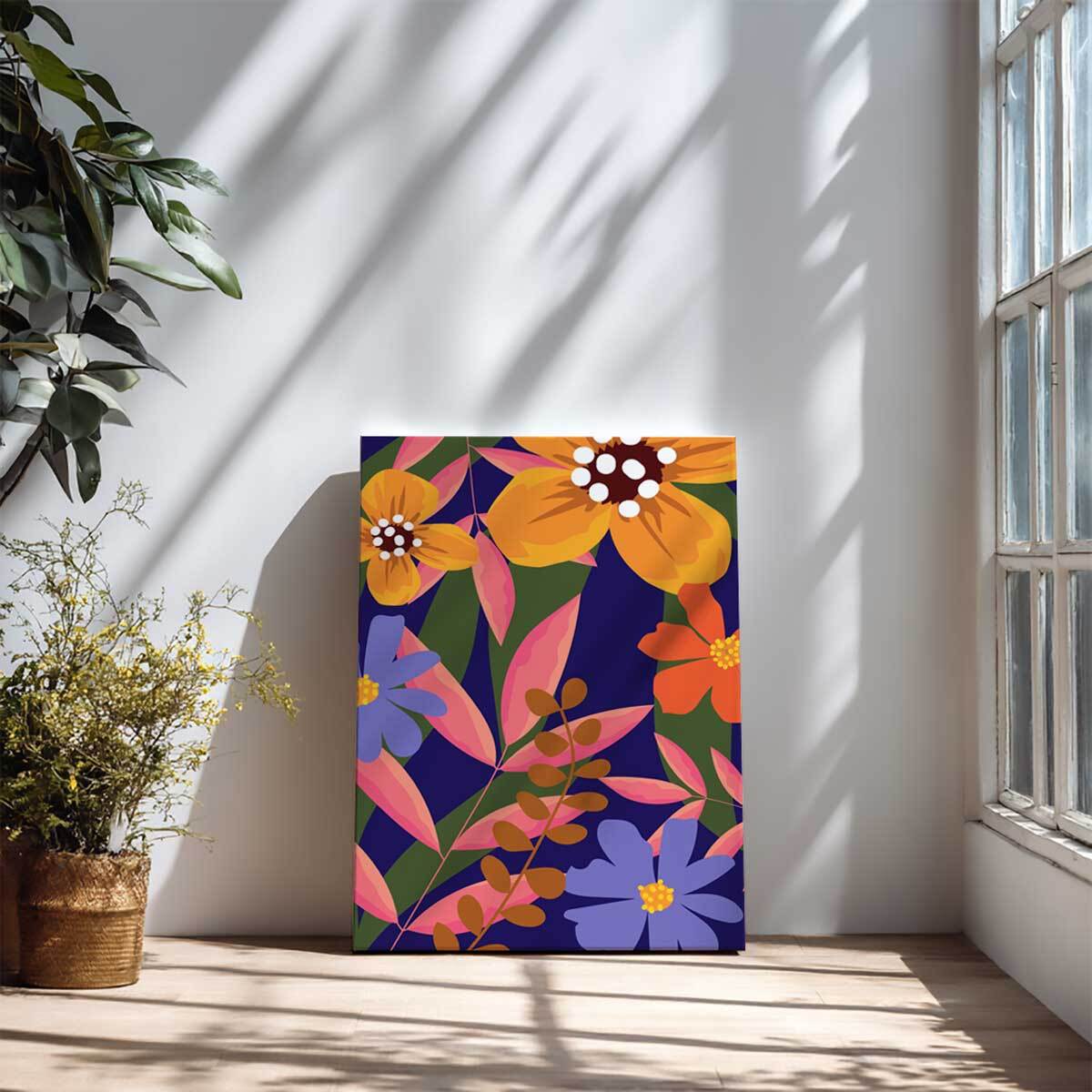 Tableau floral moderne fond bleu nuit Toile imprimée