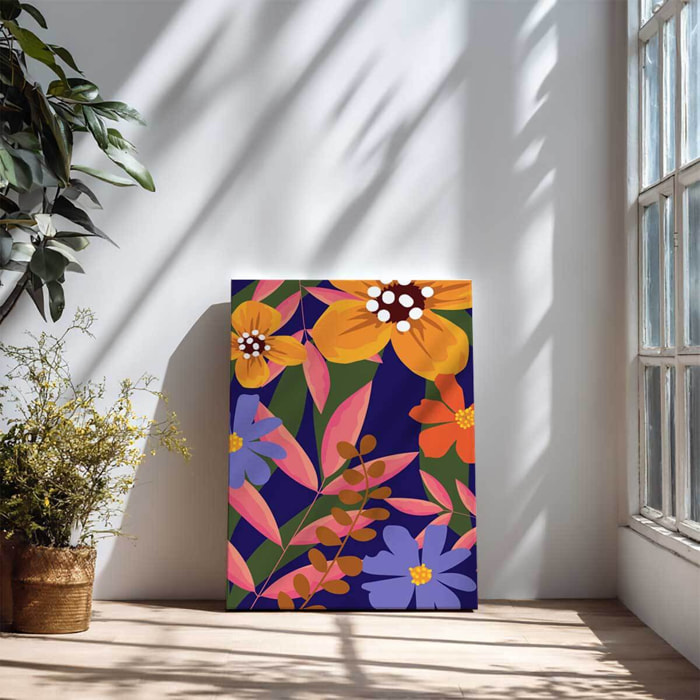 Tableau floral moderne fond bleu nuit Toile imprimée