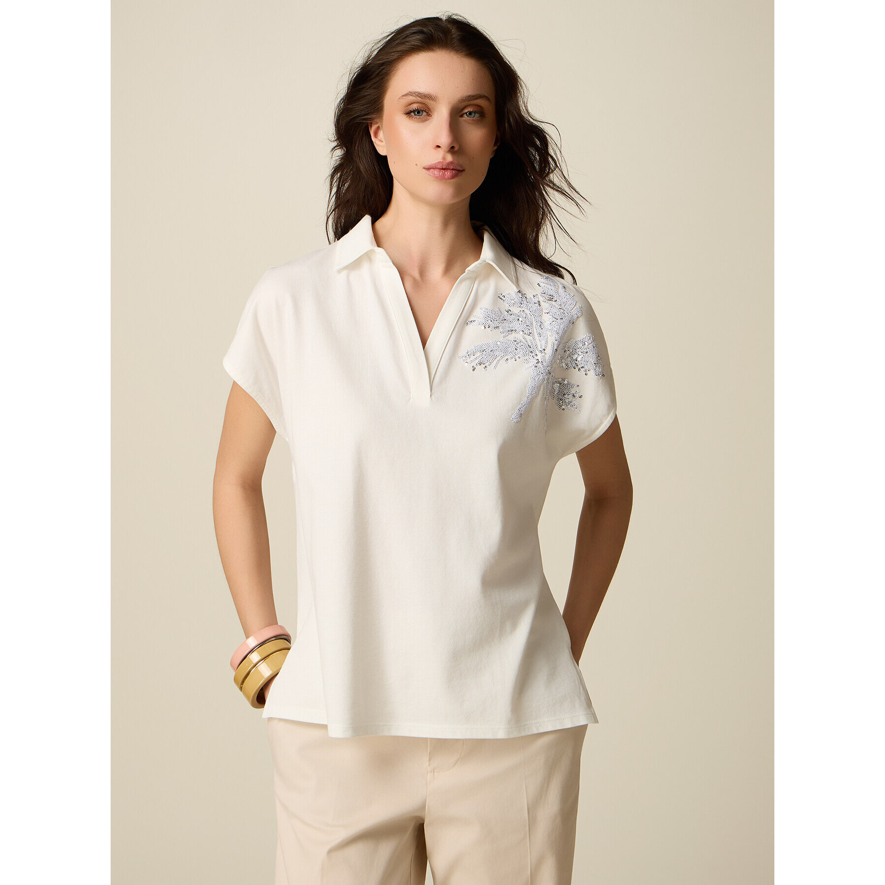 Oltre - Polo con ricamo i paillettes - Bianco
