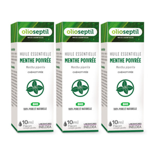 OLIOSEPTIL - Huile essentielle de Menthe Poivrée - 100% Pure et naturelle - BIO - HEBBD (biochimiquement et botaniquement définie) - 100% origine naturelle - Lot de 3 Flacons de 10ml