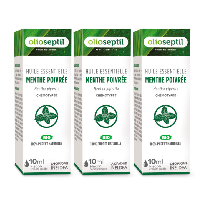 OLIOSEPTIL - Huile essentielle de Menthe Poivrée - 100% Pure et naturelle - BIO - HEBBD (biochimiquement et botaniquement définie) - 100% origine naturelle - Lot de 3 Flacons de 10ml