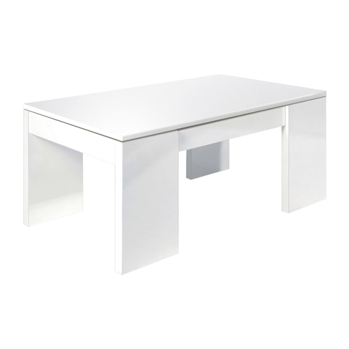 Tavolino da salotto Malibu, Tavolino da caffè con piano elevabile, Tavolo basso da soggiorno, cm 100x50h43/84, Bianco lucido