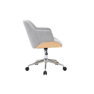Chaise de bureau à roulettes design en tissu effet velours texturé gris, bois clair et acier chromé SANDRO