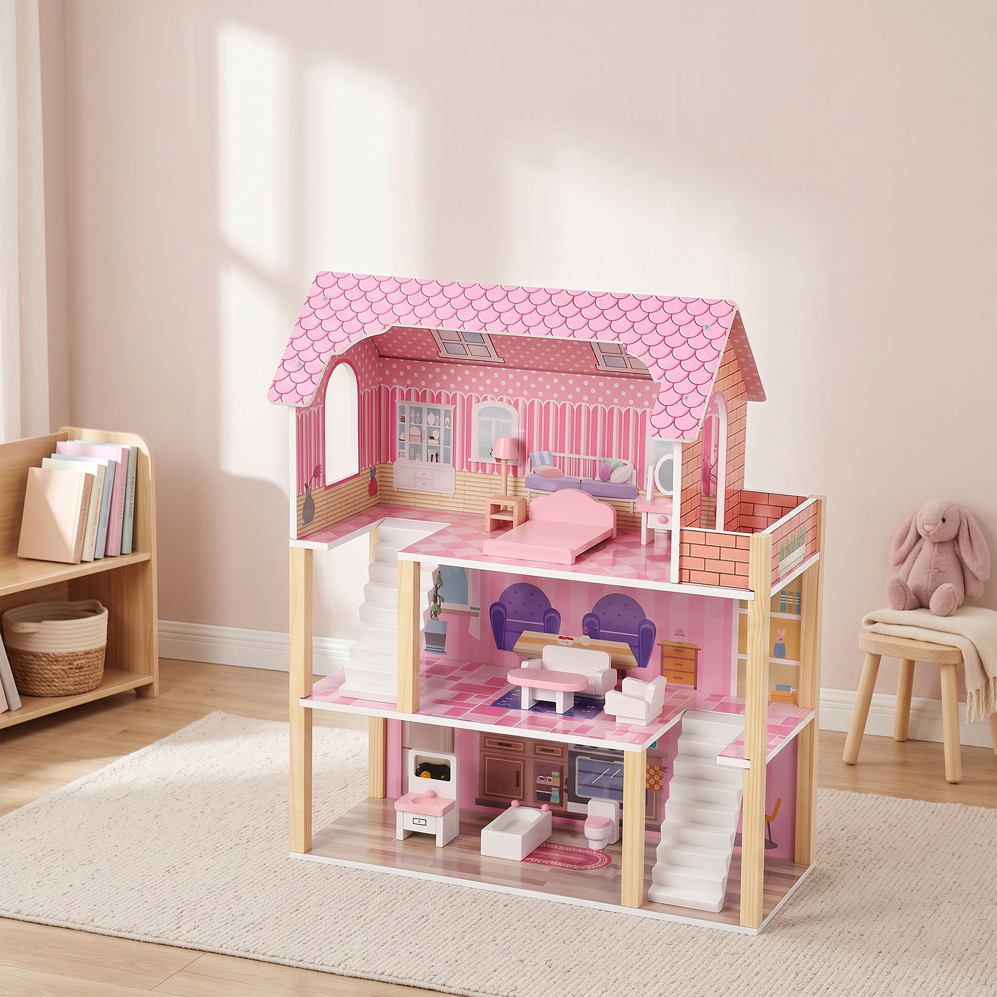AIYAPLAY Casa de Muñecas de Madera 3 Pisos con Balcón, Escaleras y 10 Muebles, Casita de Muñecas para Niñas, Juguete de Imitación para Niños de 3 a 6 Años, Rosa