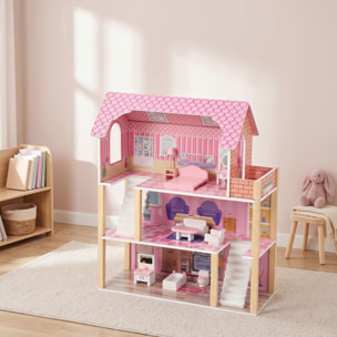AIYAPLAY Casa de Muñecas de Madera 3 Pisos con Balcón, Escaleras y 10 Muebles, Casita de Muñecas para Niñas, Juguete de Imitación para Niños de 3 a 6 Años, Rosa