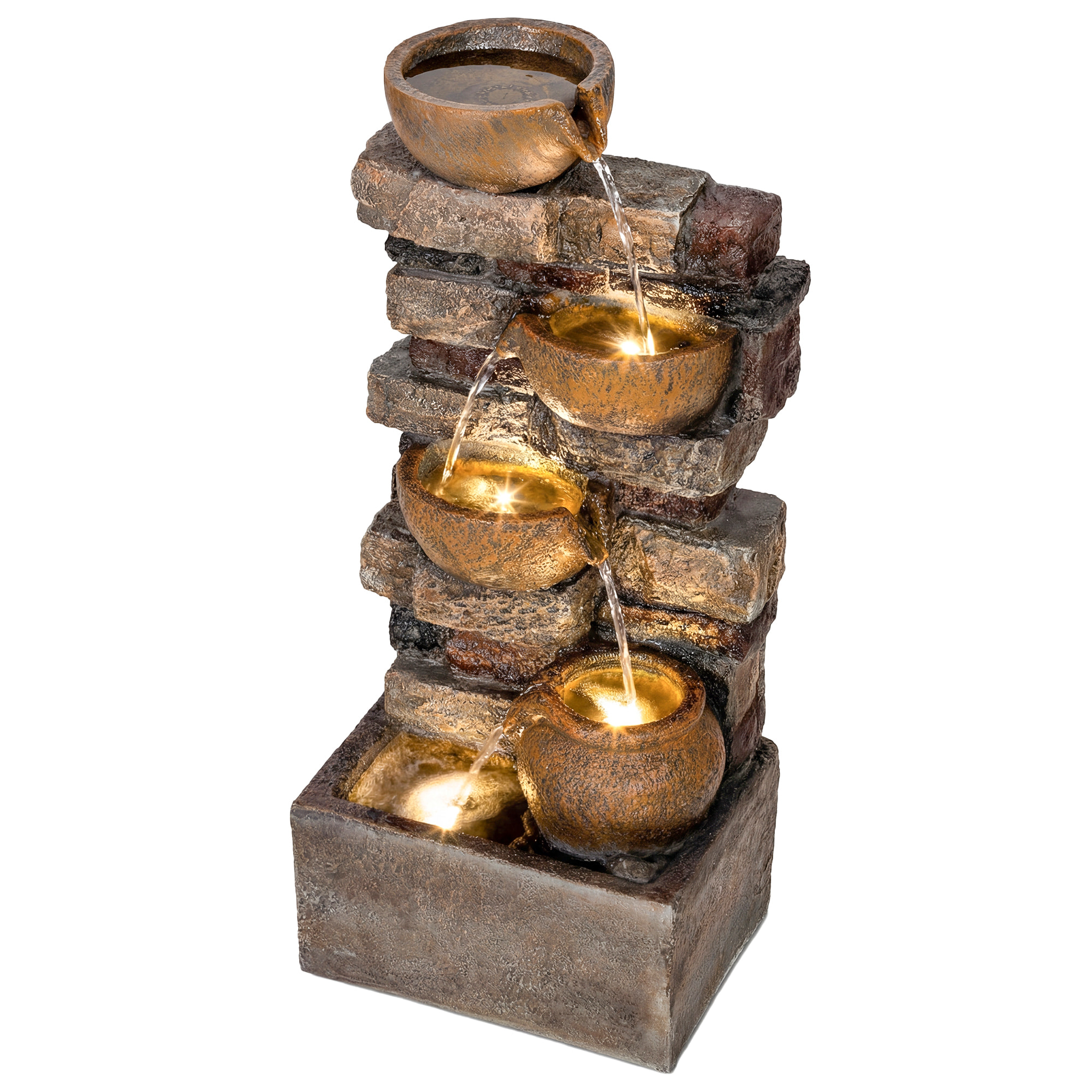 Fontaine extérieure cascade 5 niveaux pichets led résine marron vieilli