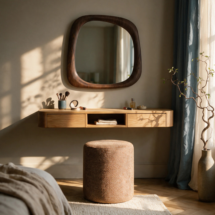 Pouf rond en tissu texturé marron - Lily