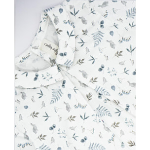 Camisa con cuello pico estampado conejito y pajarito azul y blanca