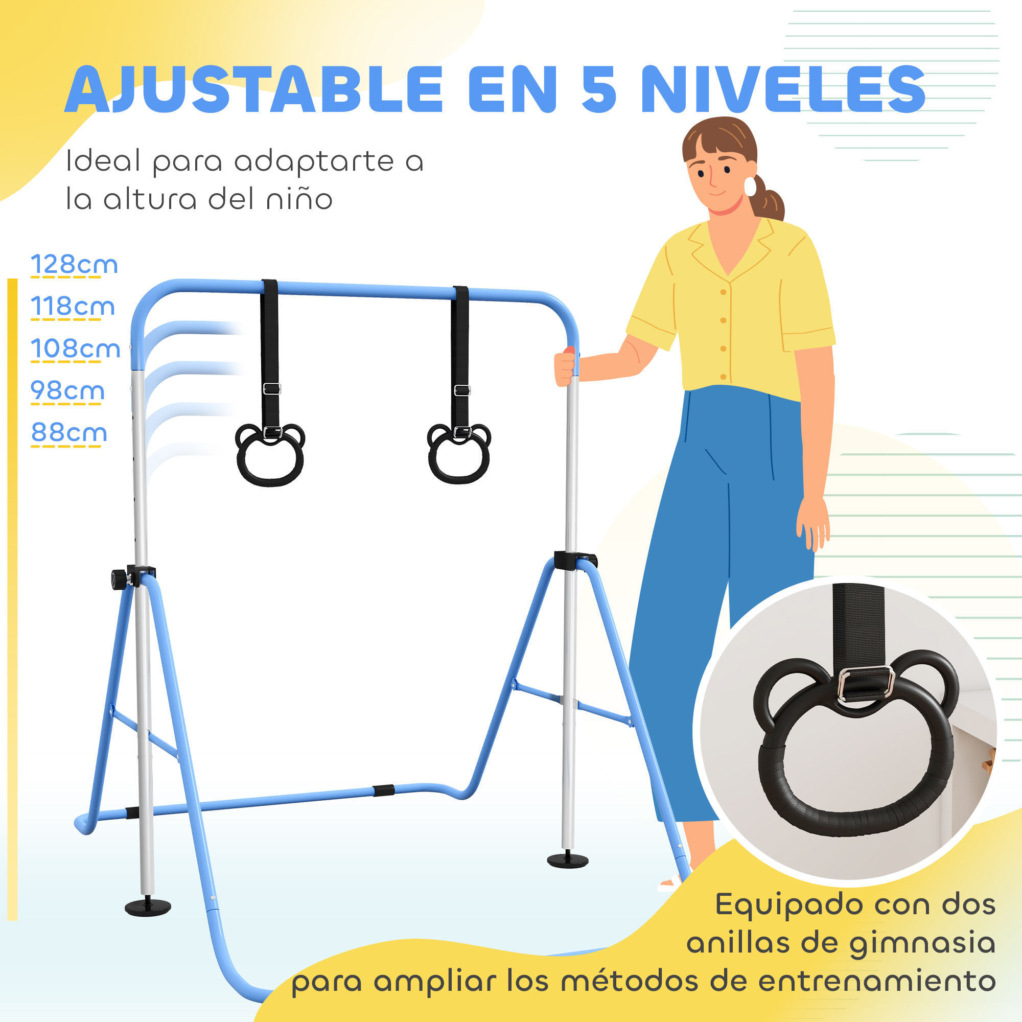Barra de Gimnasia para Niños con Altura Ajustable en 5 Niveles y Anillos, Barra de Entrenamiento de Gimnasia Plegable en Casa, Azul