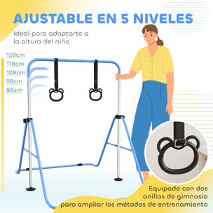 Barra de Gimnasia para Niños con Altura Ajustable en 5 Niveles y Anillos, Barra de Entrenamiento de Gimnasia Plegable en Casa, Azul