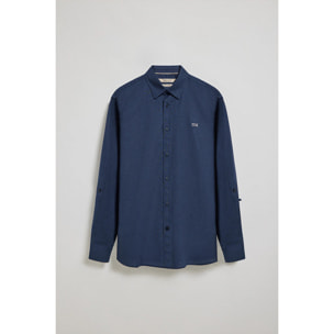 Camisa azul marino de lino y algodón regular fit con logo bordado