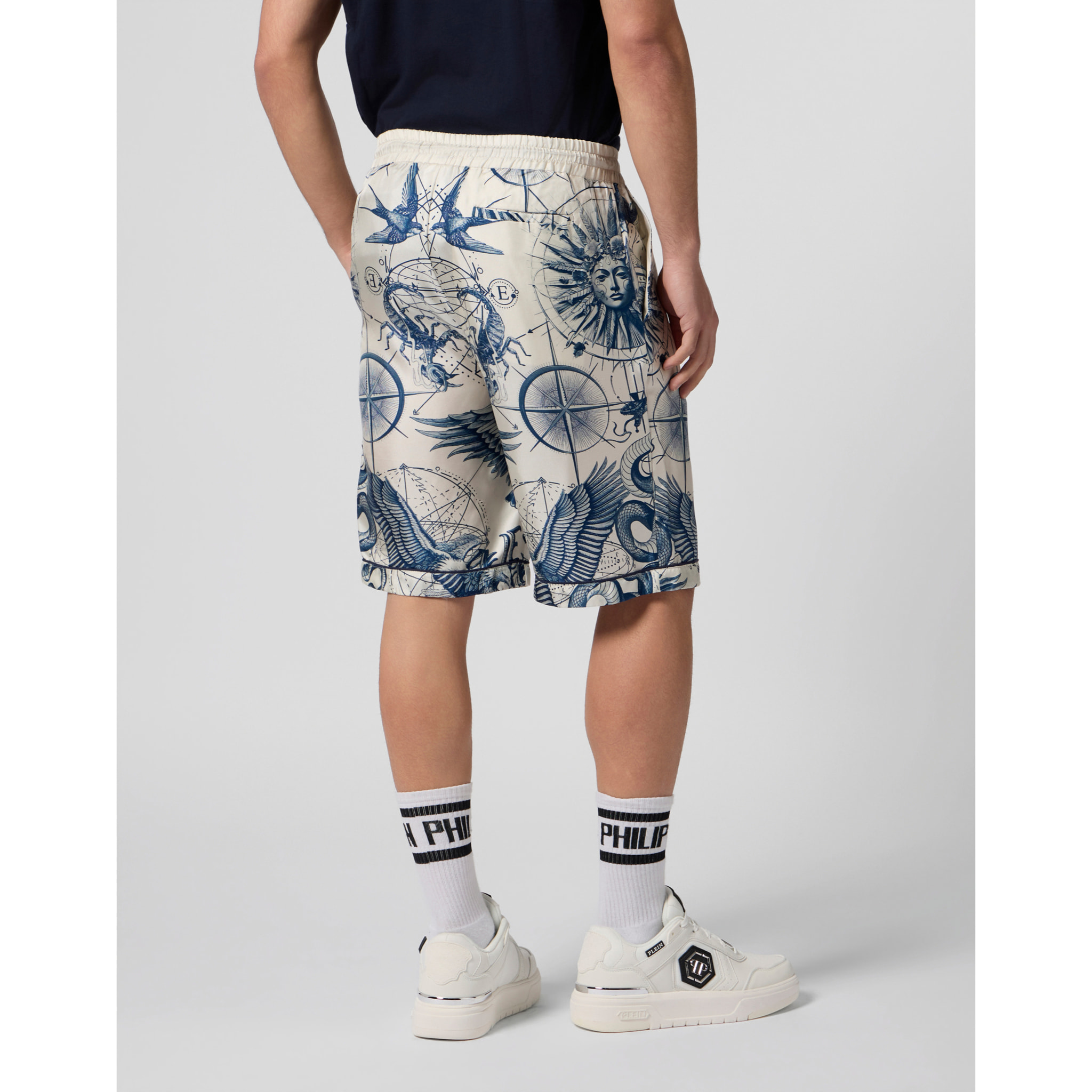 PHILIPP PLEIN Silk Bowling Shorts All-Over Tattoo