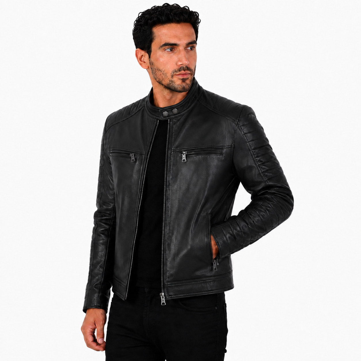 Giubbino in pelle di vitello nappa Nero-Slim Fit