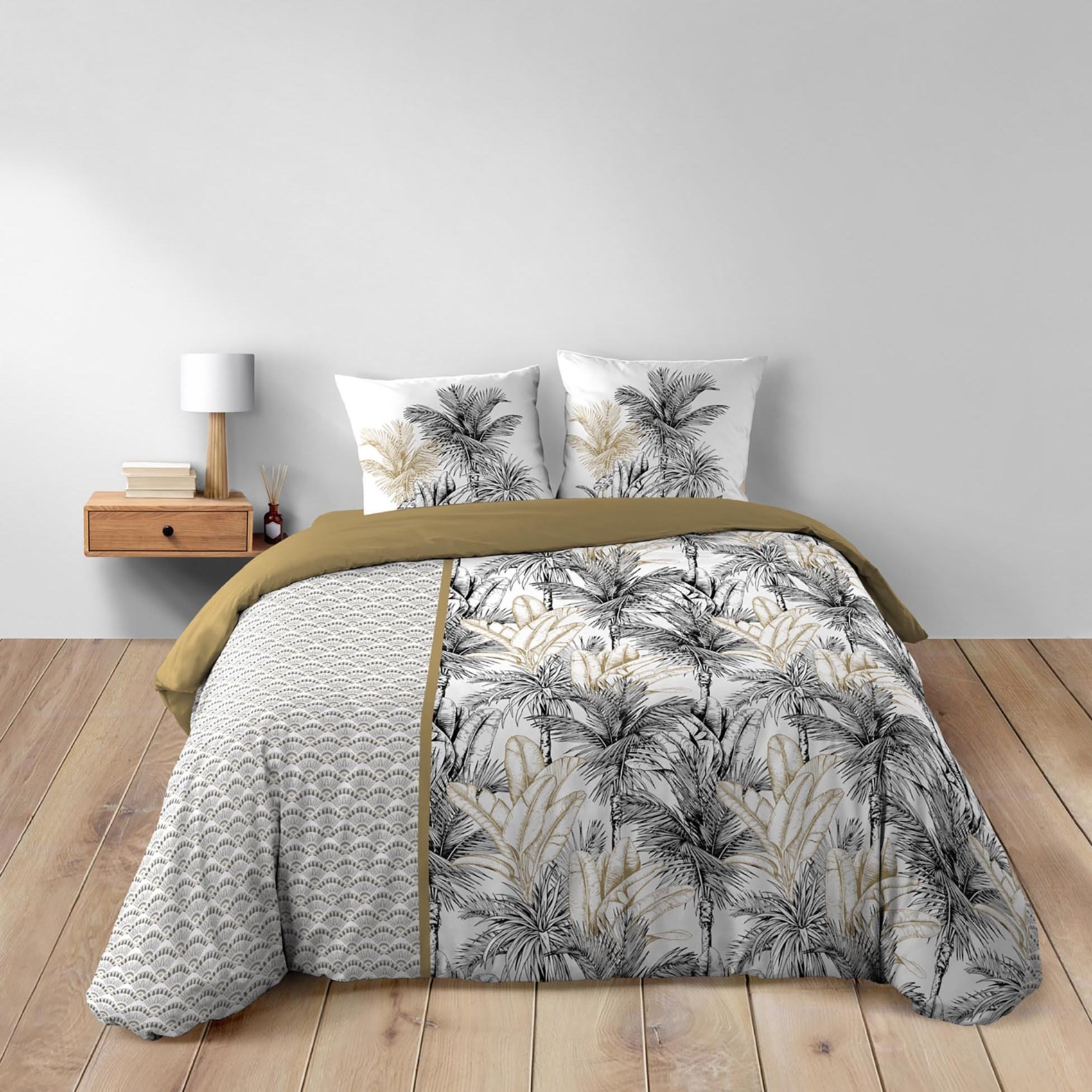 Parure de lit 3 pièces coton motif palmiers housse + 2 taies - Jaune