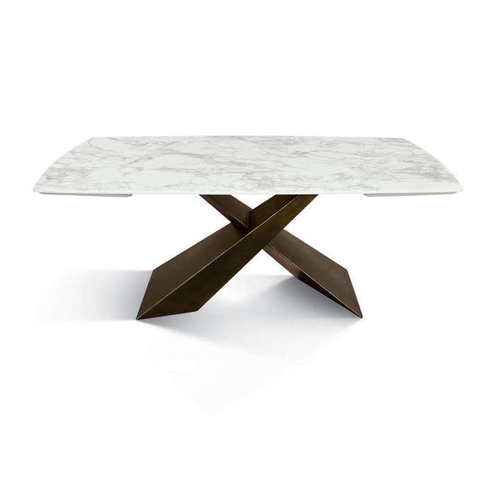 Tavolo FIGARI in vetroceramica bianco arabesco con gambe a X in metallo bronzo, allungabile 160x90 cm - 240x90 cm