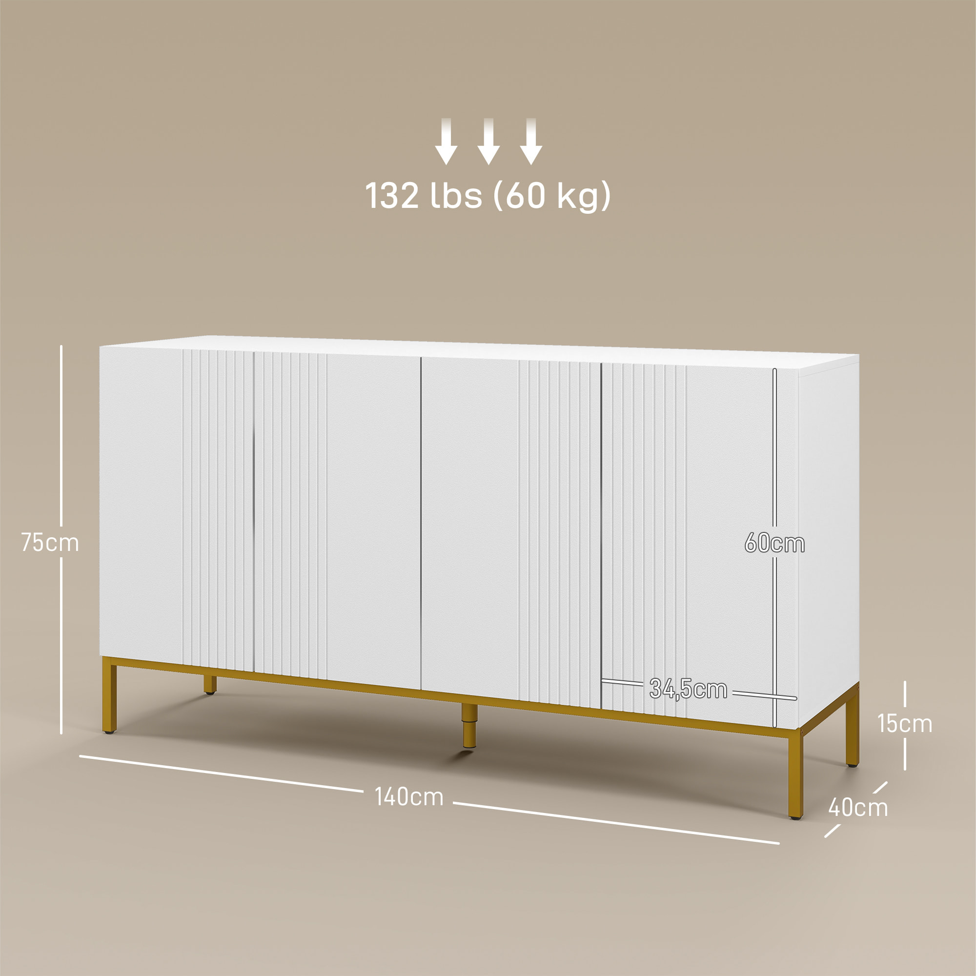 Aparador de 4 Puertas, Aparador de Salón Estrecho con Estantes Ajustables, Armario de Cocina con Cierre Suave y Patas Doradas, para Entrada, Dormitorio, 140x40x75 cm, Blanco