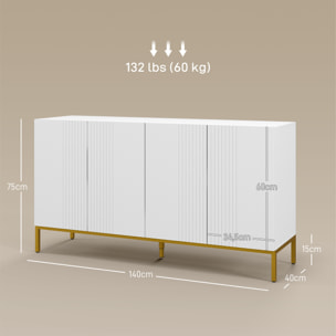 Aparador de 4 Puertas, Aparador de Salón Estrecho con Estantes Ajustables, Armario de Cocina con Cierre Suave y Patas Doradas, para Entrada, Dormitorio, 140x40x75 cm, Blanco