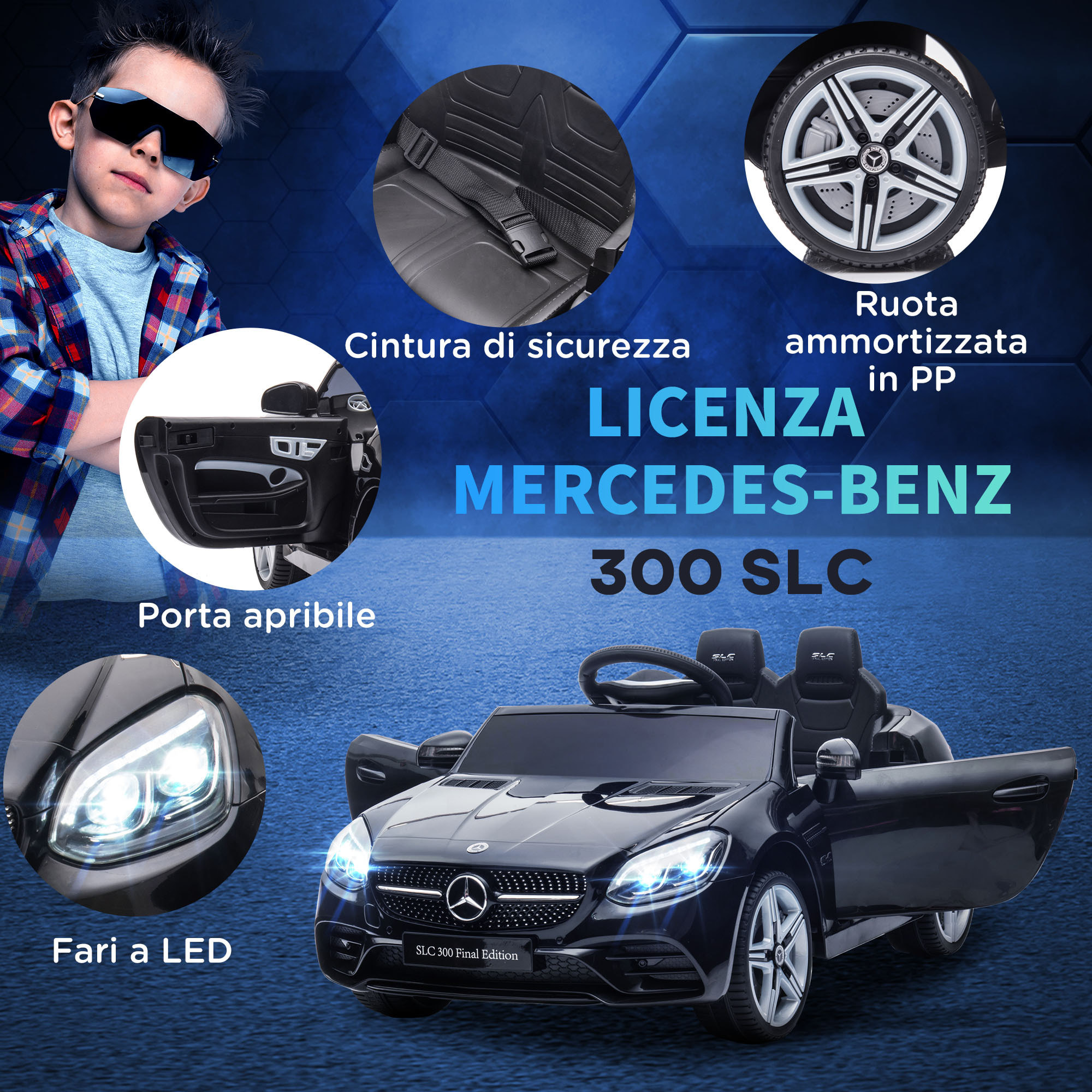 AIYAPLAY Macchina Elettrica per Bambini Licenza Mercedes SLC 300 con Telecomando, in PP e Metallo, 107x62.5x44 cm, Nero