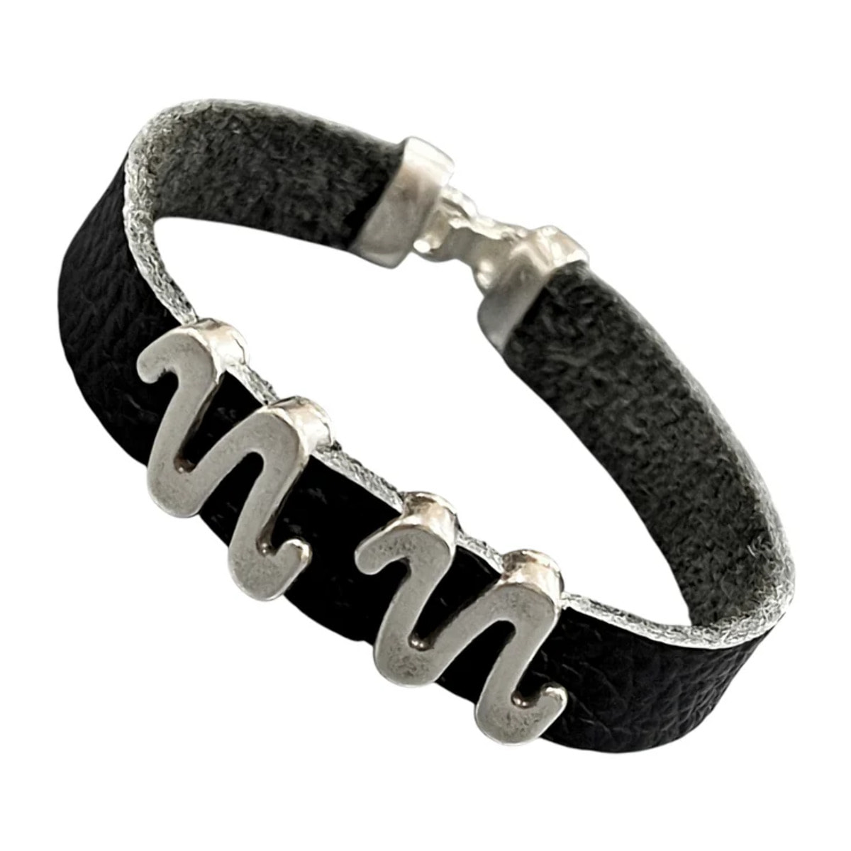 Pulsera MM piel negra y plata 10Mc
