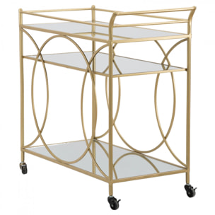 Carrello rettangolare, in metallo dorato e vetro a specchio, con 3 ripiani e pratiche ruote, colore oro, Misure 40 x 80 x 40 cm