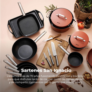 Juego de 3 Sartenes Ø24Ø28Ø30cm + Sartén Grill 24x24cm en Aluminio forjado AGROS San Ignacio