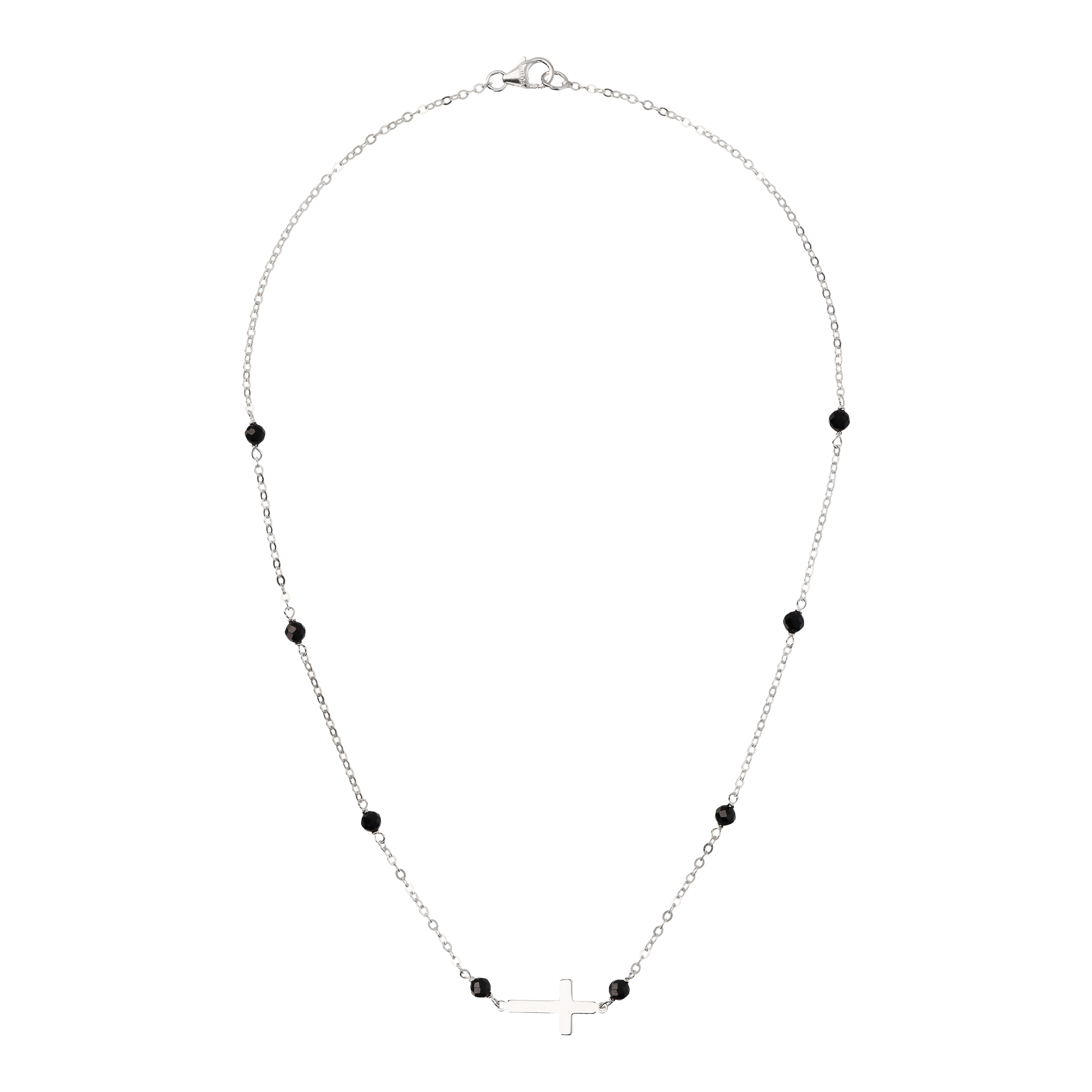 Collana Catena Rolo con Spinello Nero e Pendente Croce Argentato in Argento 925 placcato Rodio