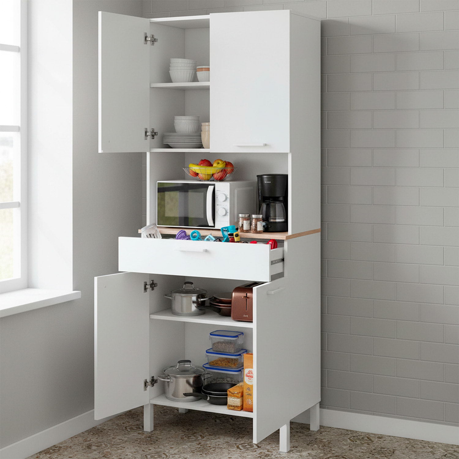 Mobile Ausiliario Da Cucina Mobiletto Con Vano Microonde Credenza Alta con 4 Ante e 1 Cassetto Madia Dispensa 186 x 72 x 40 Cm Bianco E Rovere