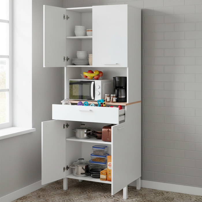 Mobile Ausiliario Da Cucina Mobiletto Con Vano Microonde Credenza Alta con 4 Ante e 1 Cassetto Madia Dispensa 186 x 72 x 40 Cm Bianco E Rovere