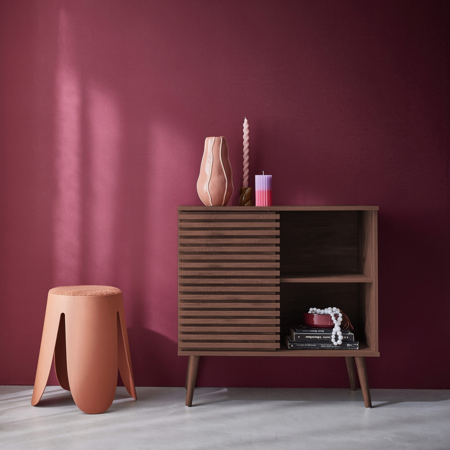 Buffet scandinave décor bois rainuré 1 porte coulissante 80cm MADERE