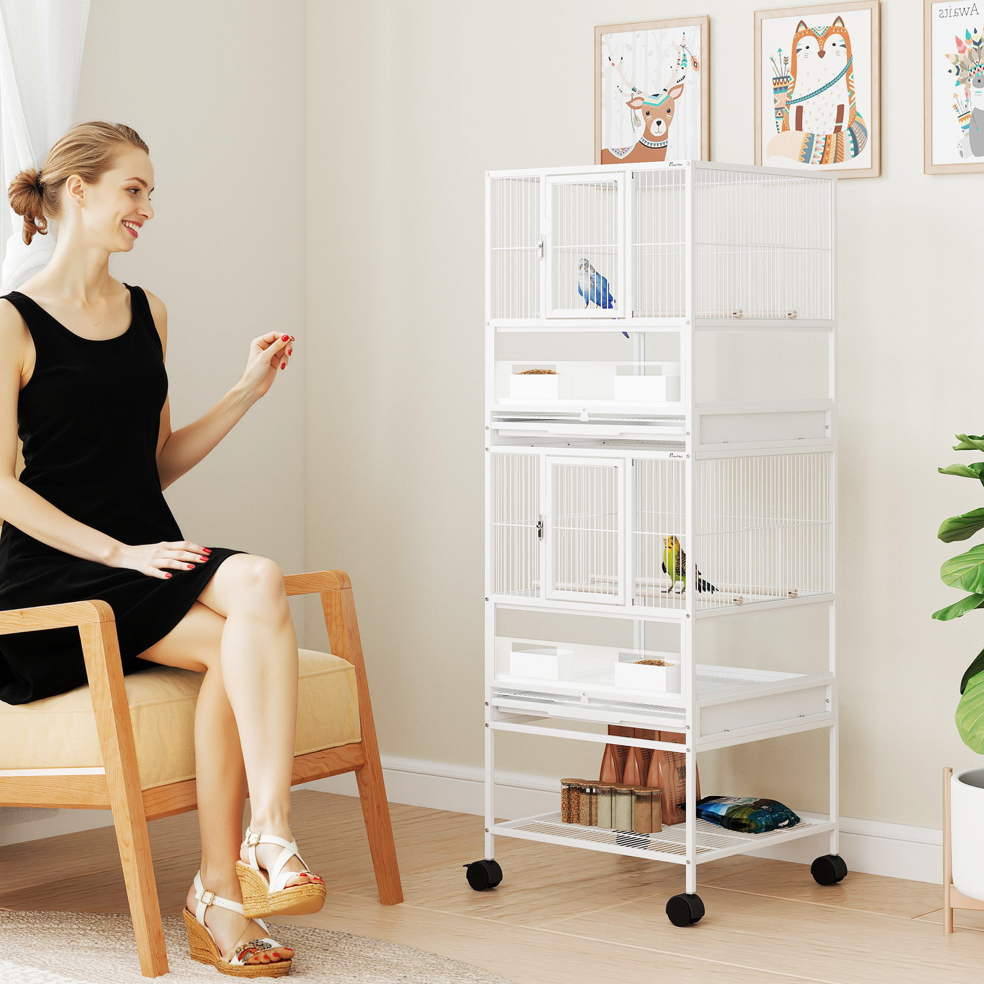 Jaula para Pájaros Jaula Grande de 2 Niveles con Ruedas Paneles Acrílicos Comederos Perchas Estante Bandejas Extraíbles Pajarera para Loros Canarios 48x46x134,5 cm Blanco