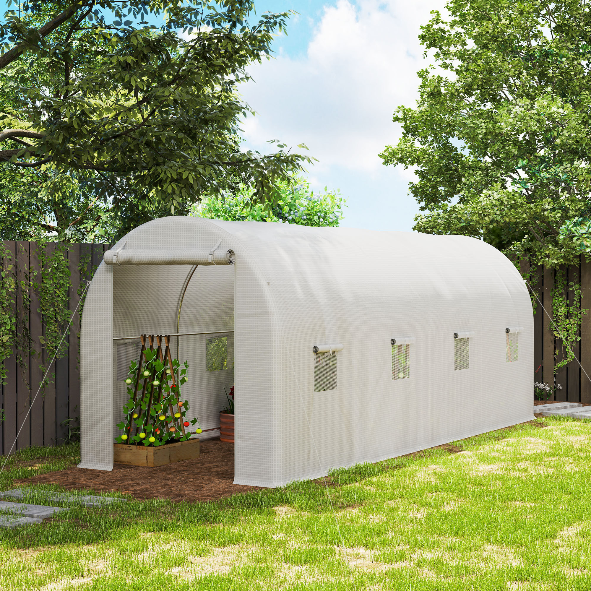 Invernadero de Túnel 500x200x205 cm Invernadero de Jardín con Puerta Enrollable y 8 Ventanas Cubierta PE 140 g/m² Marco de Metal para Cultivo Plantas Verduras Blanco