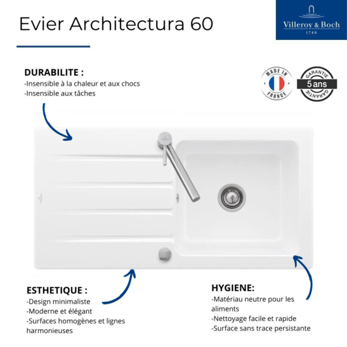 Evier 1 bac 100 x 51 cm Architectura 60 Blanc vidage automatique inclus