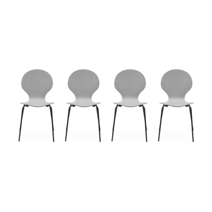 Lot de 4 chaises grises rétro empilables. bois d'hévéa et contreplaqué. pieds en acier. Naomi. L 43 x P 48 x H 87cm