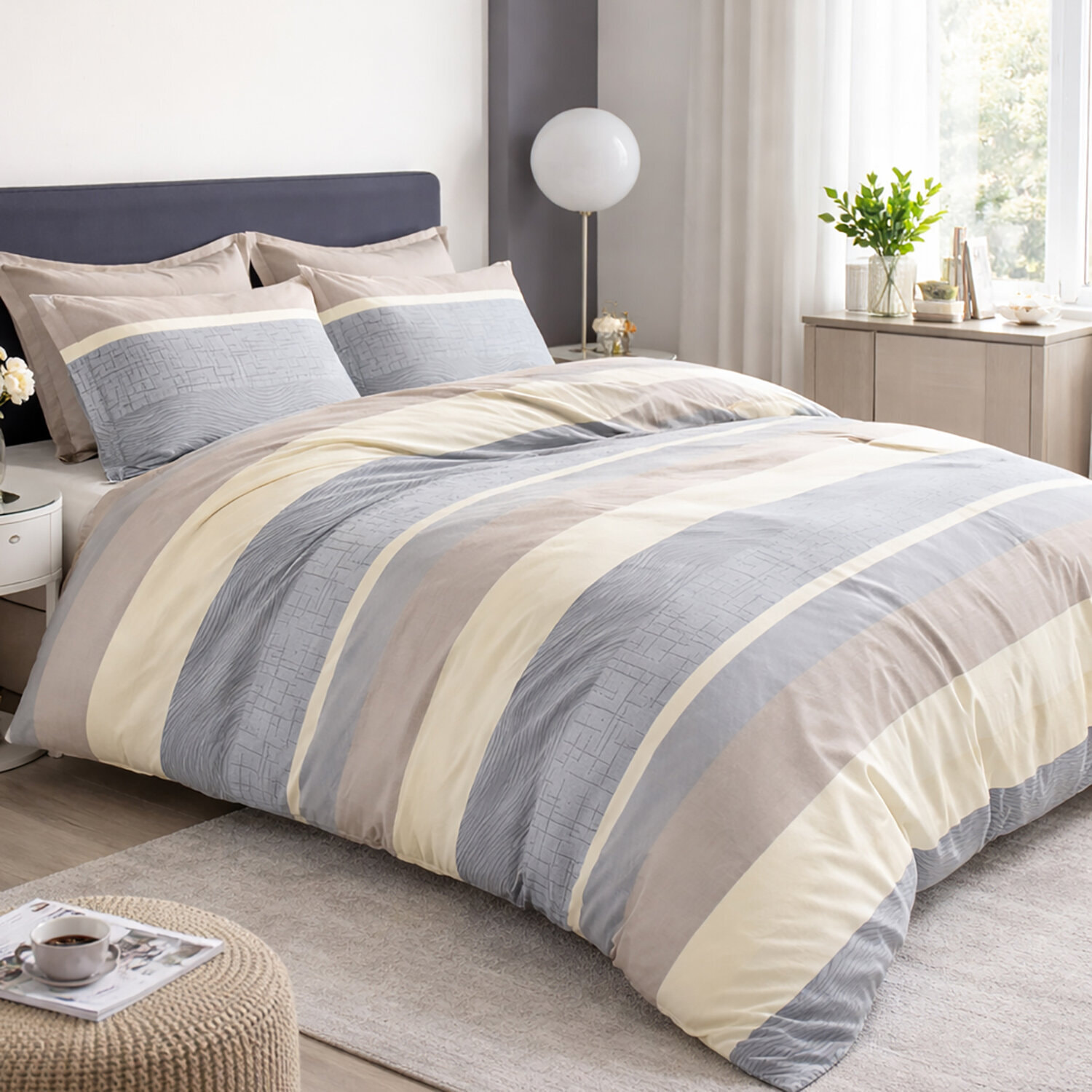Parure housse de couette 100% percale de coton - rayures gris beige