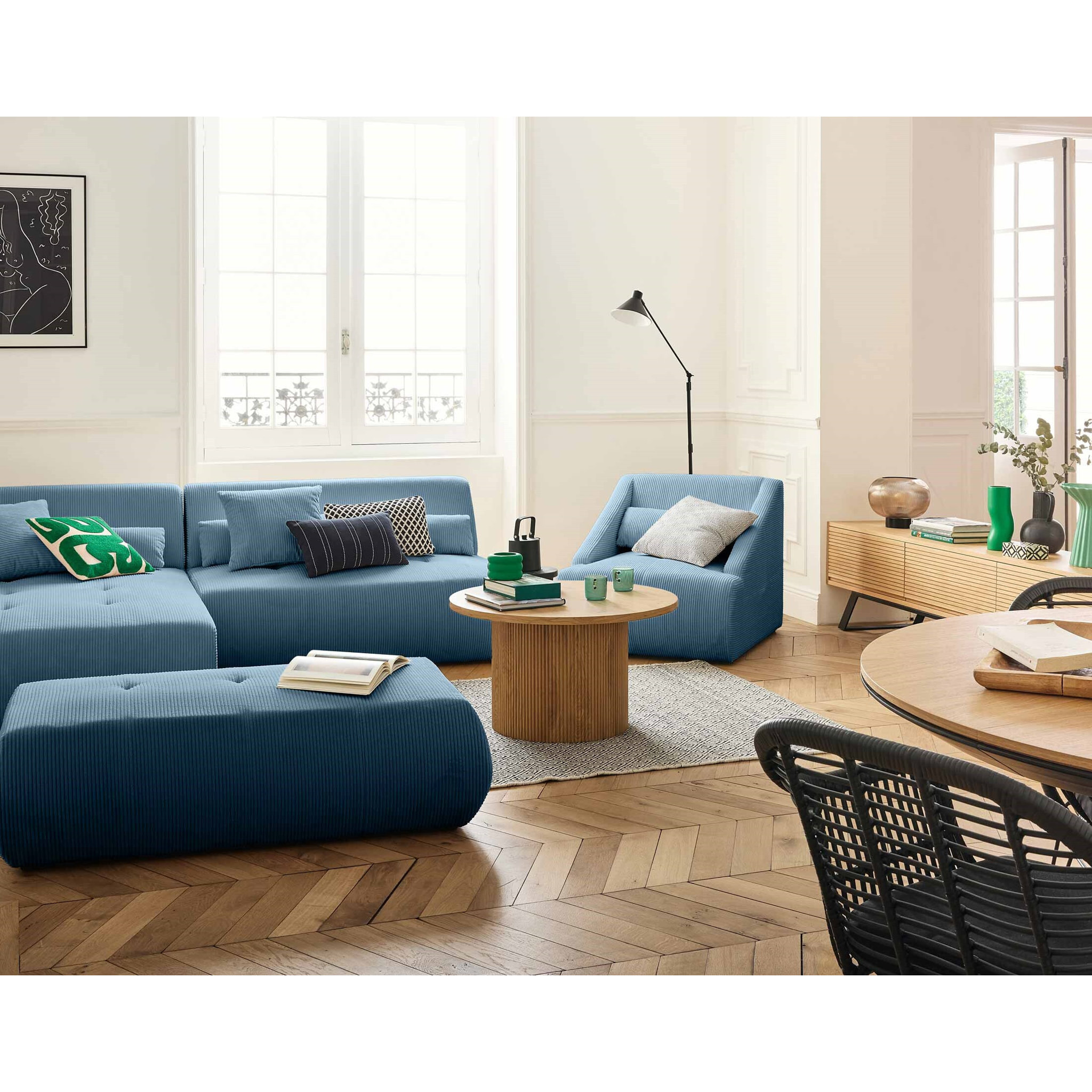 Onyx - canapé modulable d'angle gauche - 5 places - en velours côtelé - Bleu