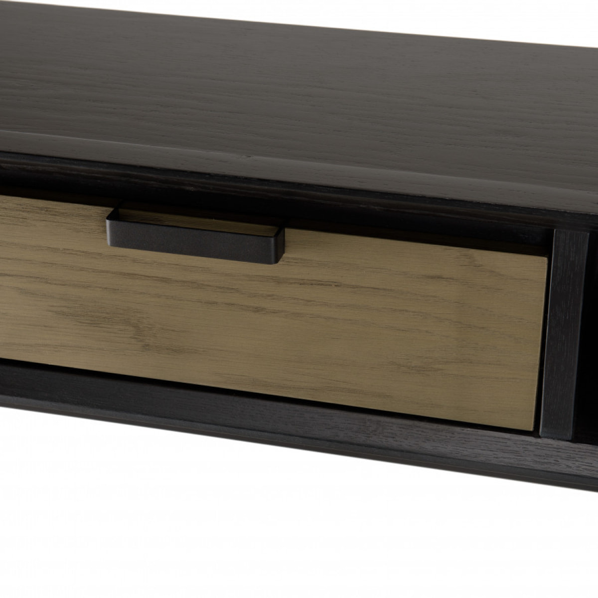 ALMA - Console noire 130x35cm 2 niches 1 tiroir marron foncé pieds métal noir